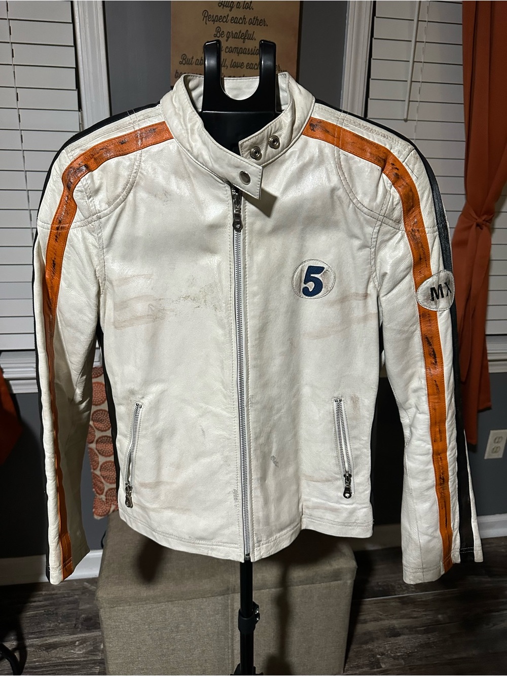 Wilsons Leather White Racing-Style Jacket with Orange Stripes
